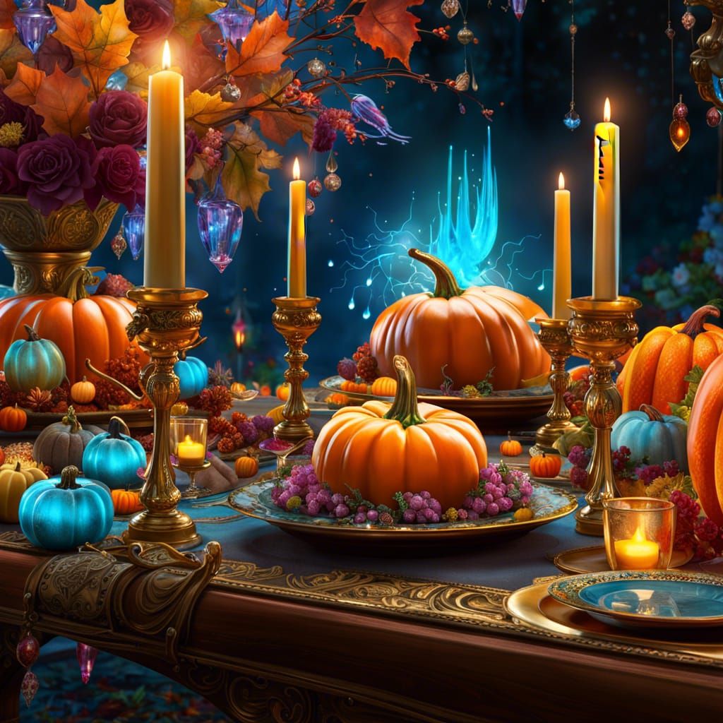 Bioluminescent Candles Above Thanksgiving Table, Fantasycore...