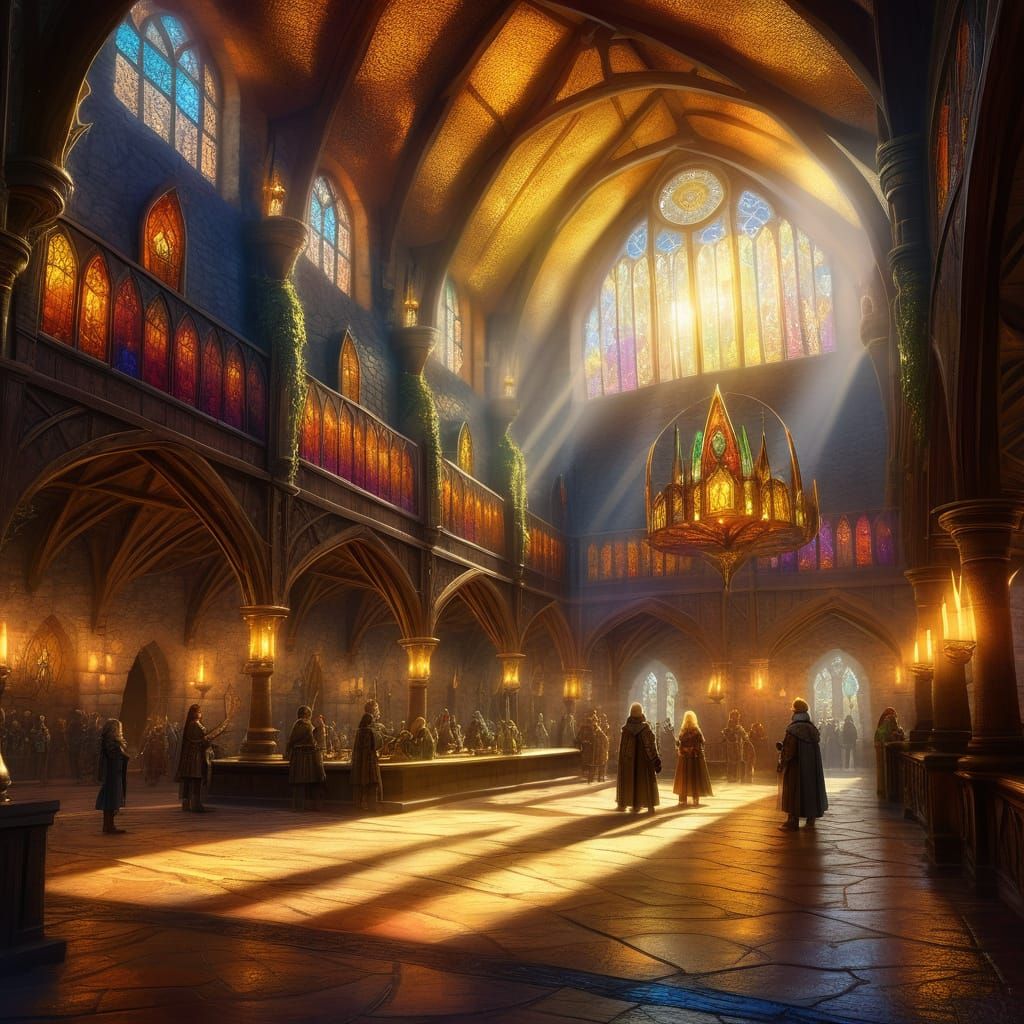 Fantasy Guild Hall with Golden Light: Digital Art