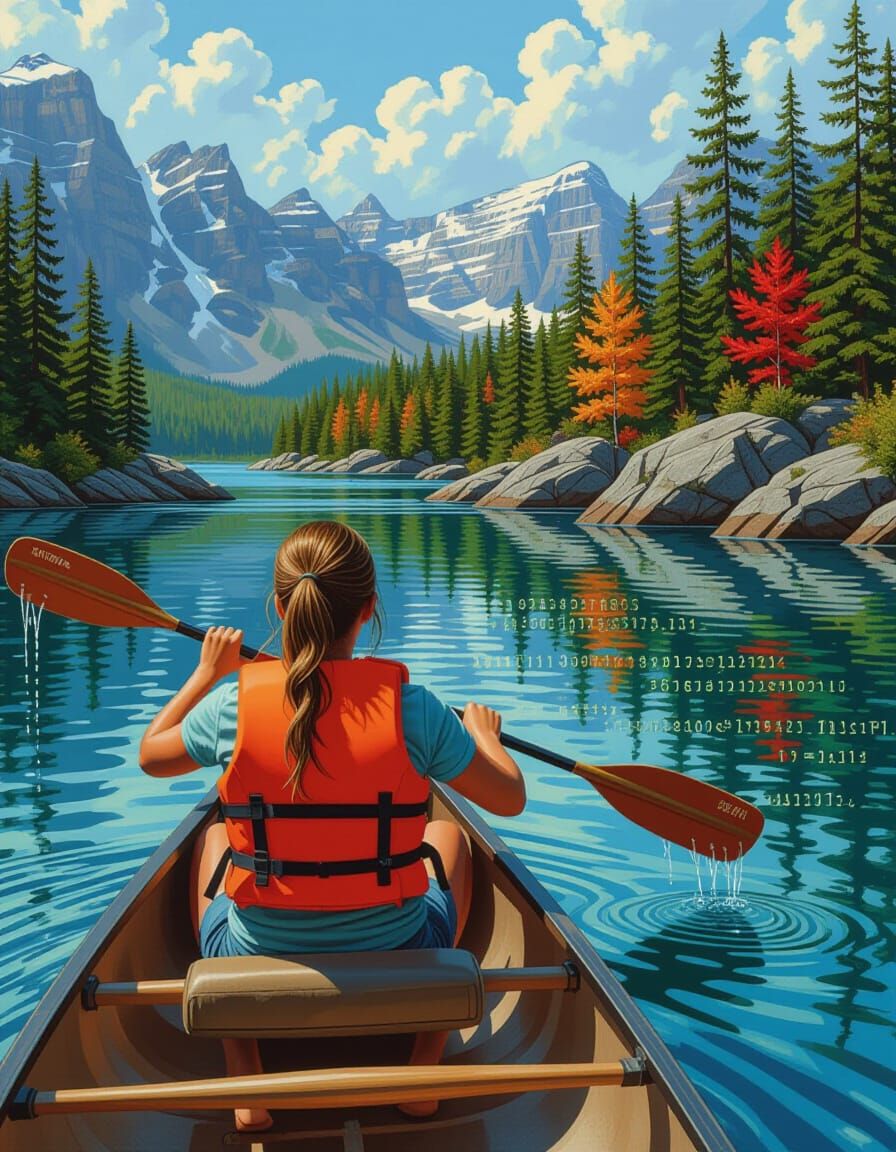 Woman Paddles Canoe Through Digital River