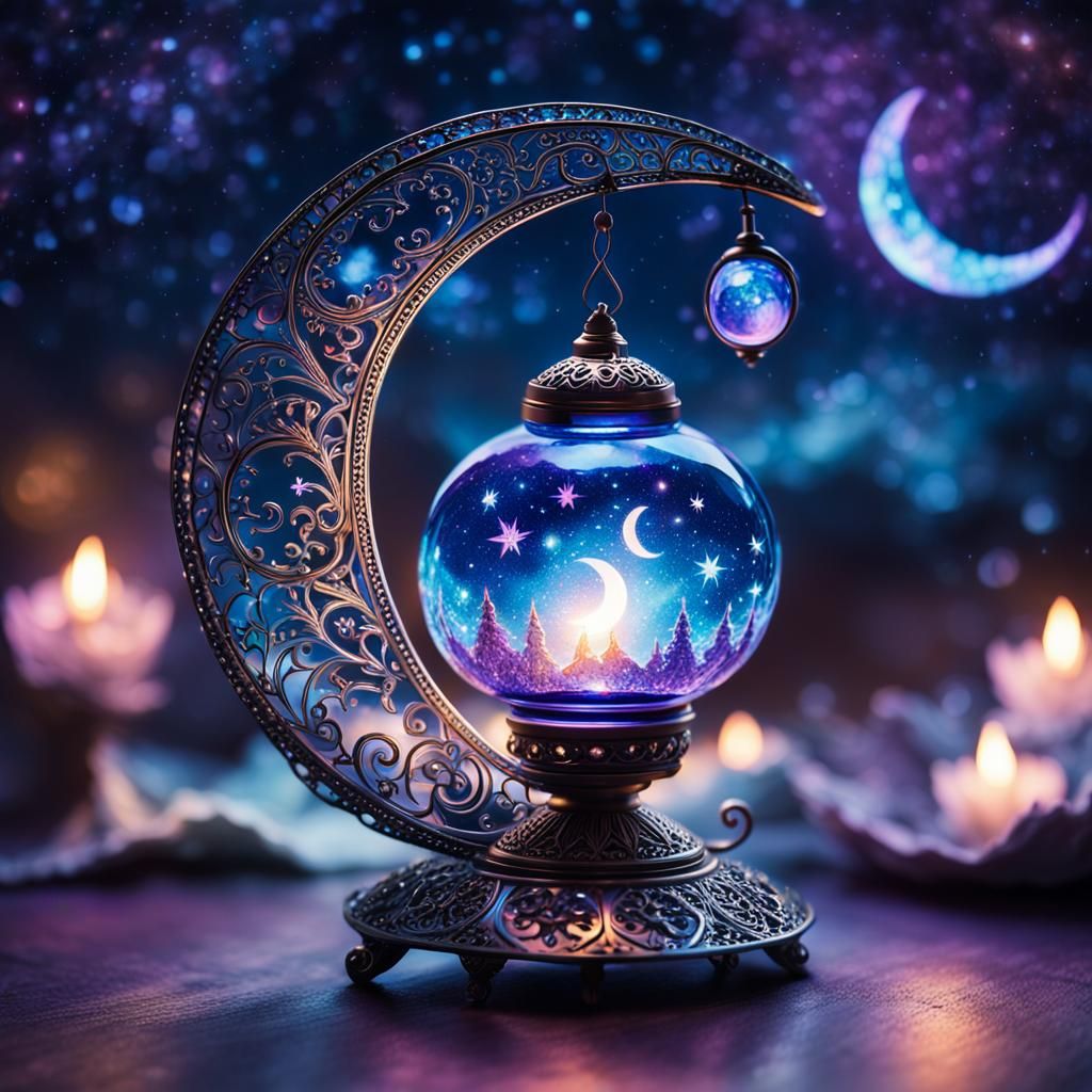 Cosmic Crescent Moon Oil Lamp in Psychedelic Art