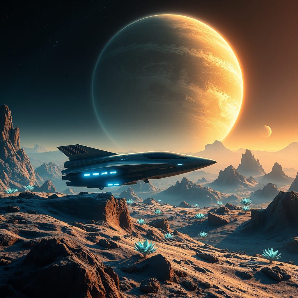 Sleek Shuttle Lands on a Shimmering Moon in a Cosmic Landsca...