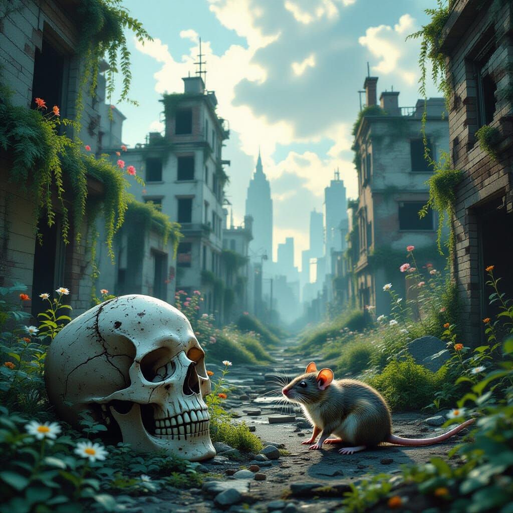 Photorealistic Ruined City with Rat and Skull