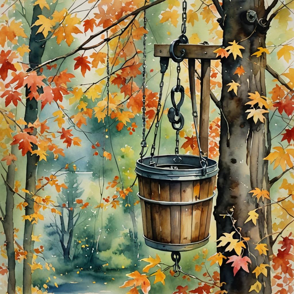 Autumn Well Scene in Watercolor Style