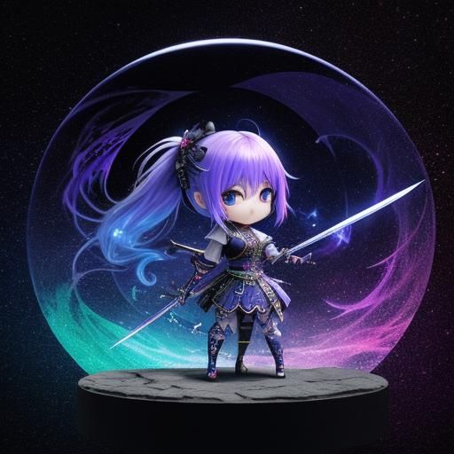 Chibi Gothic Girl with Swords: Cosmic Illustration
