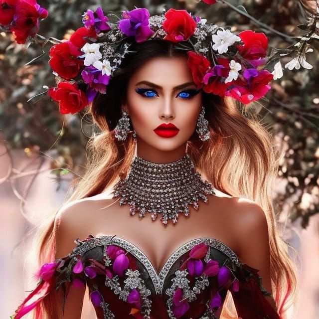 Beautiful Enchantress with Flowers in Fantasy Art Style