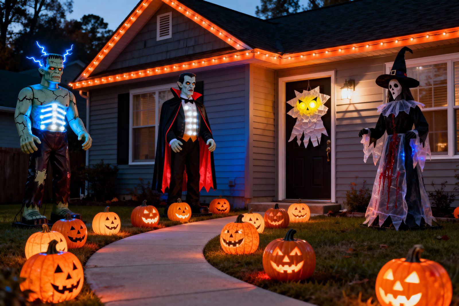 Suburban Halloween House with Monster Decorations