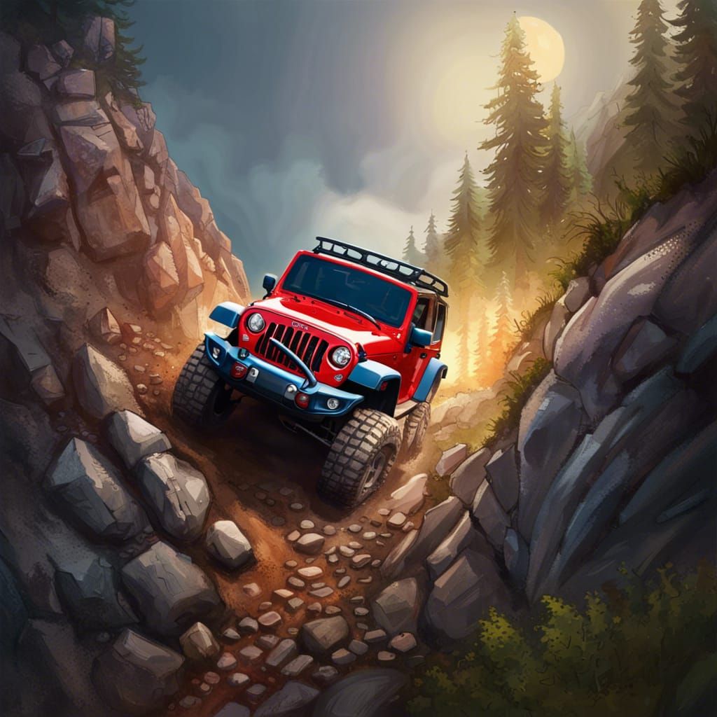 Jeep Wrangler Rock Crawling: Hyperrealistic Splash Art
