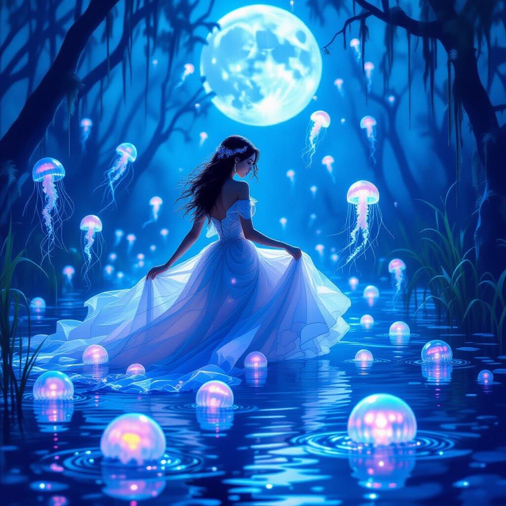 Ethereal Lady Swimming in Luminescent Jellyfish Swamp