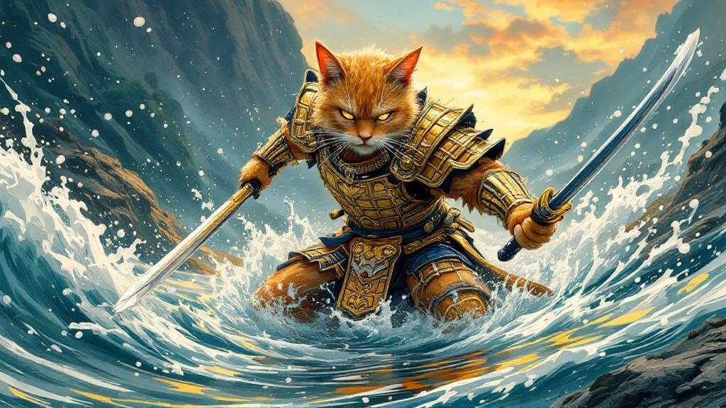 Fierce Ginger Cat Samurai in Ukiyo-e Style