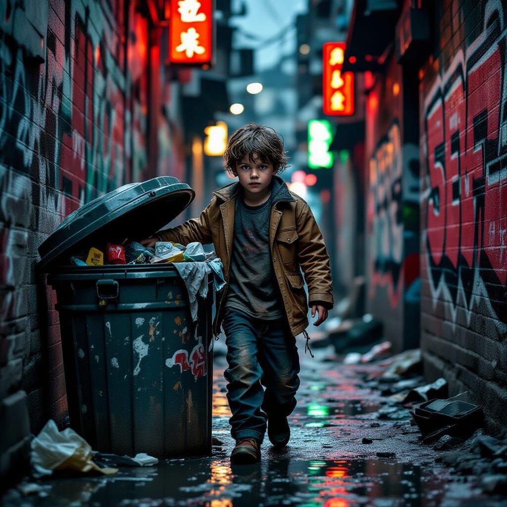 Boy Emerges From Trash Can Into Neon Alleyway