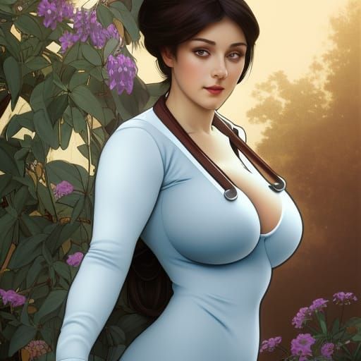 Attractive Nurse with Massive Cleavage in Art Nouveau Style