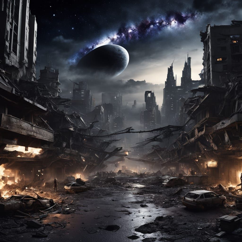 Destroyed Metropolis Under Galactic Sky: A Sinister Night