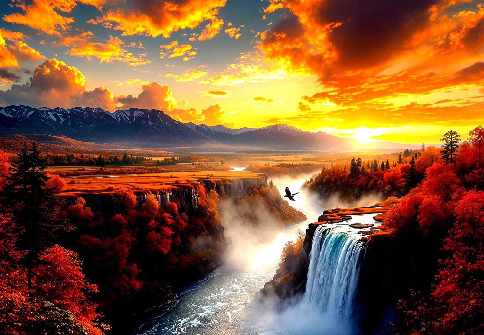 Vista Sunset with Falcon Over a Panoramic Autumn River