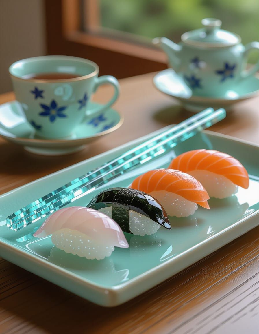 Crystal Sushi Still Life in Glass Art Style