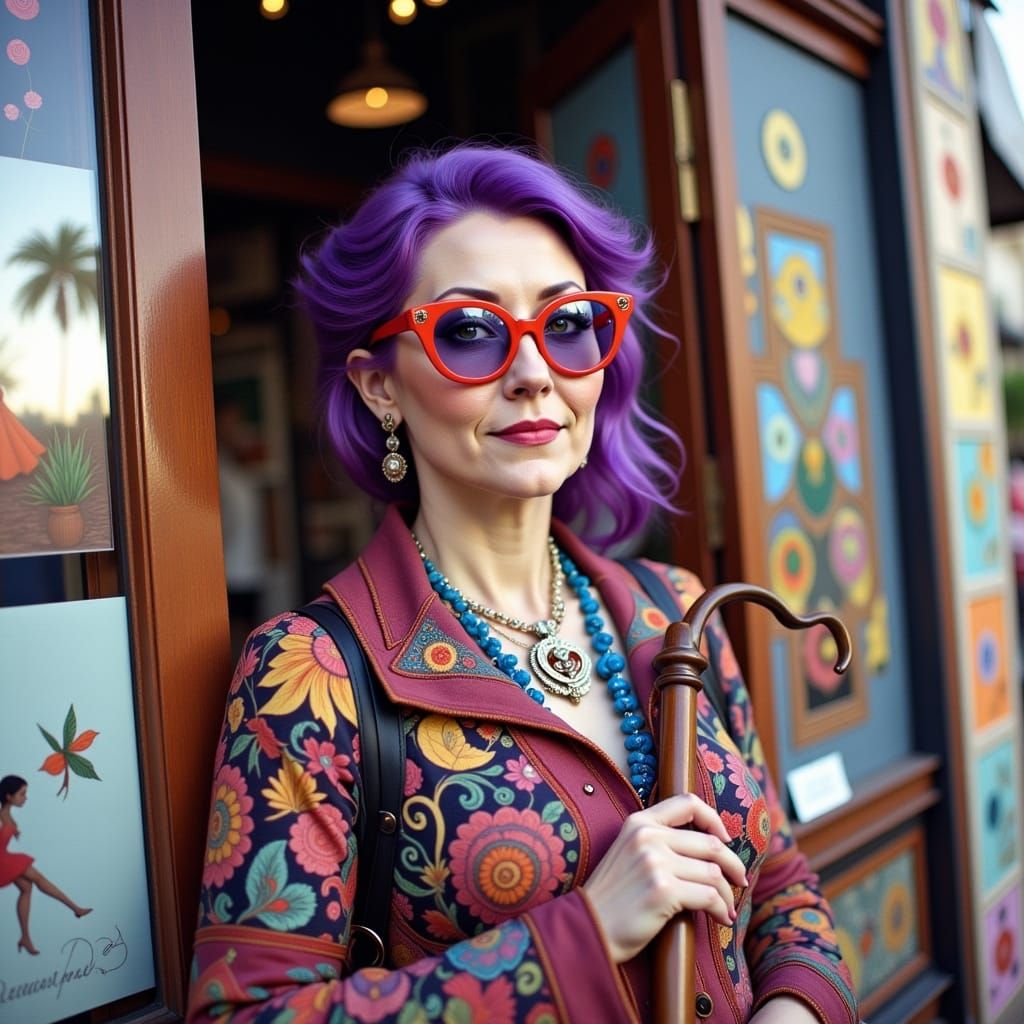 Cinematic Woman with Purple Hair in Film Still