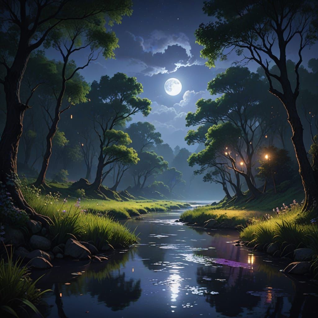 Luminous Moonlit River in Vibrant Oil Painting Style