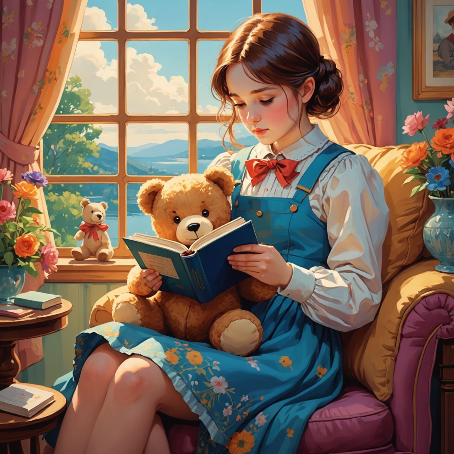 Girl Reading with Teddy Bear in Anime Style