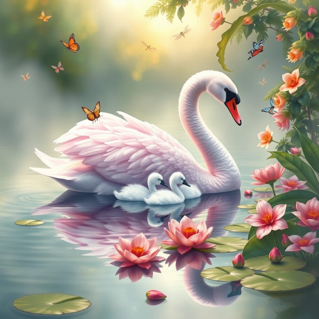 Serene Lake Scene with Majestic Mummy Swan