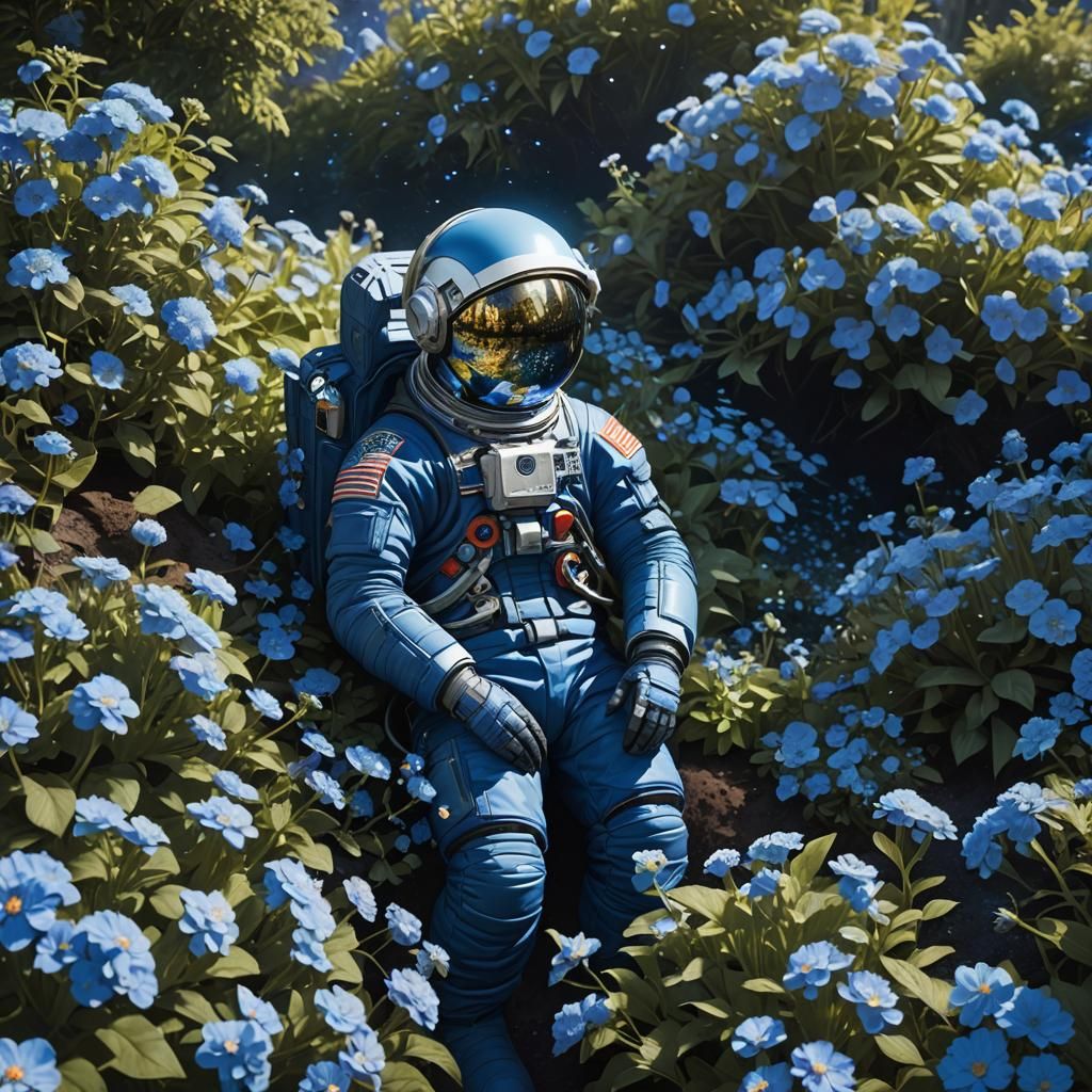Astronaut in Blue Flower Garden Reflecting Universe