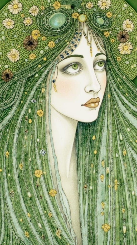 Mother Nature Goddess in Art Nouveau Watercolor Style