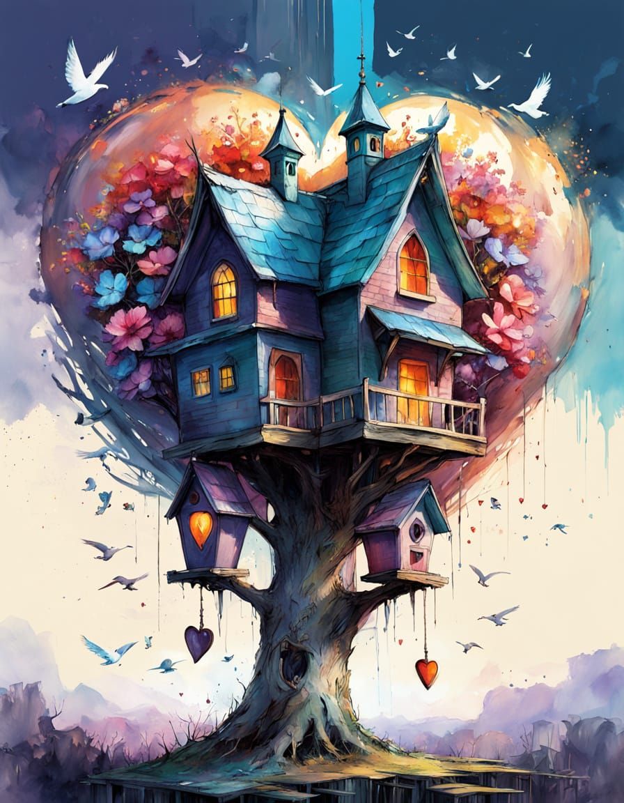 Watercolor Birdhouse with Colorful Bird and Flowers