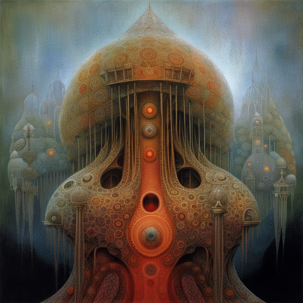 Cosmic Gothic Folk Art Dreamscape in Colorful Surrealism