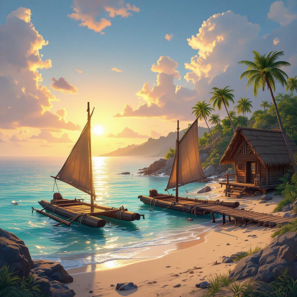 RimWorld Tropical Island Sunset with Rafts