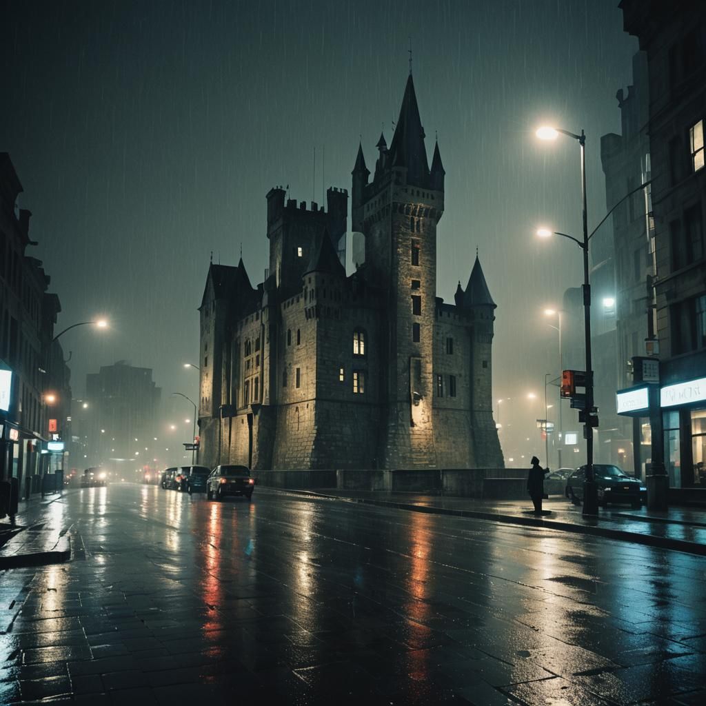 Film Noir Cityscape: Skyscraper and Castle in Rain