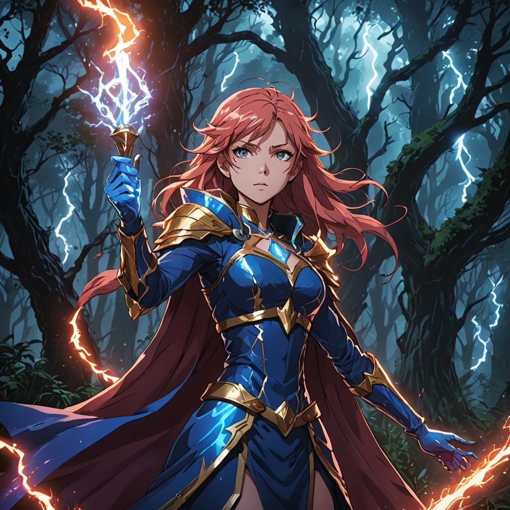 Sorceress with Red Lightning Scepter in Anime Style