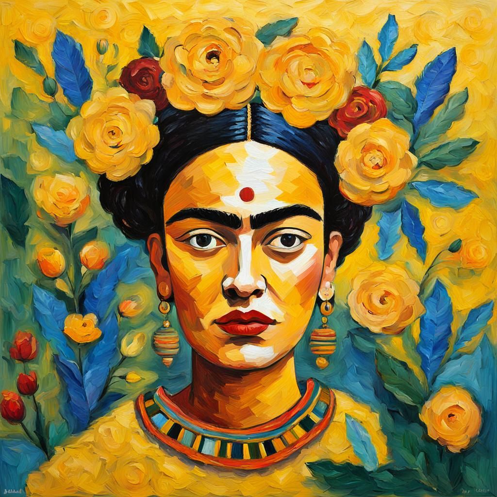 Yellow Abstract Expressionist Painting in Frida Kahlo Style