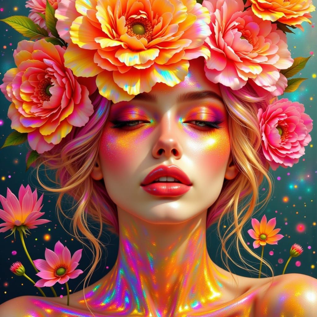 Brilliant Flower Woman Amidst Giant Rose Tapestry