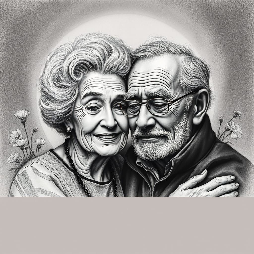 Loving Grandparents Charcoal Drawing in Warm Light