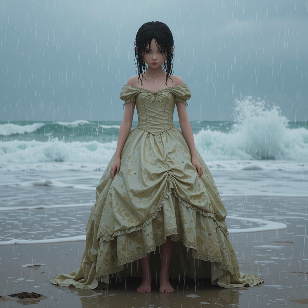Sad Girl on Rainy Beach in Anime Art Style