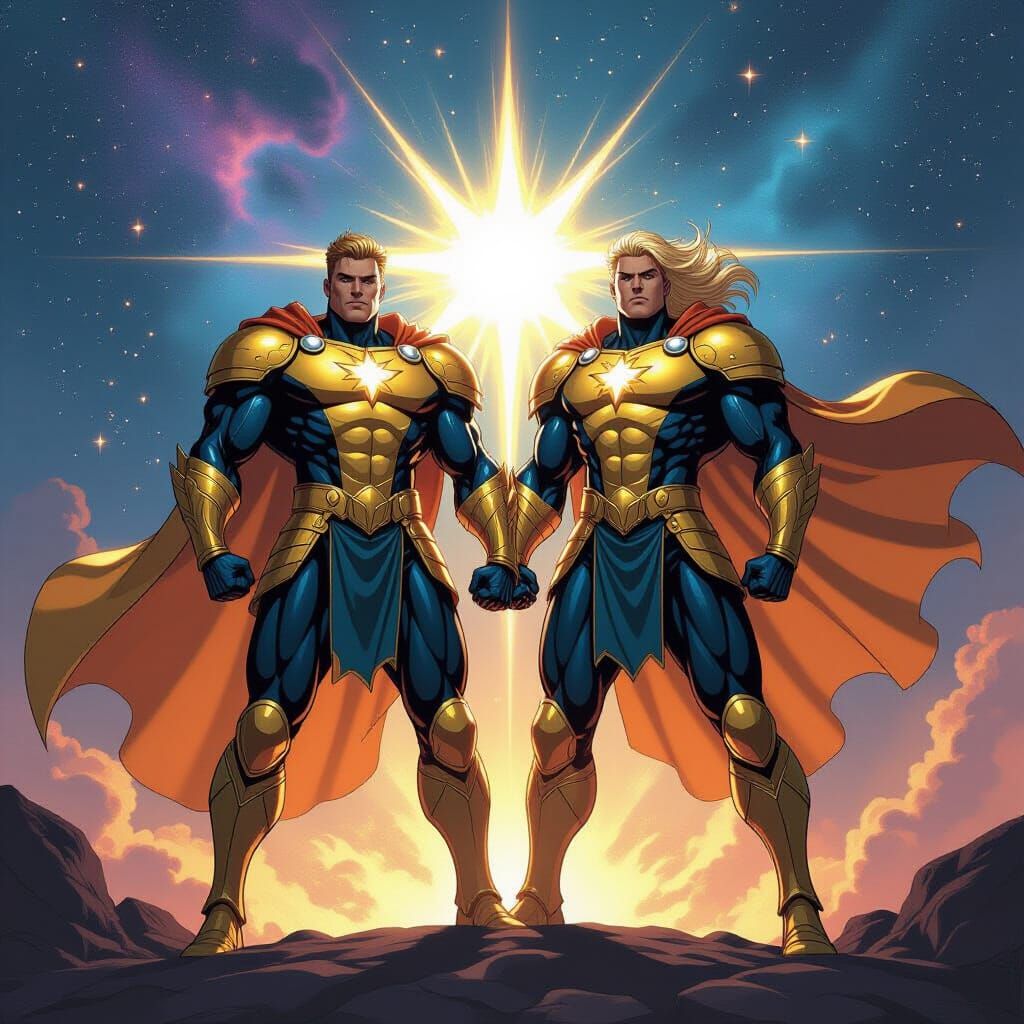 Heroic Duo in Gold Armor Amidst Cosmic Nebula