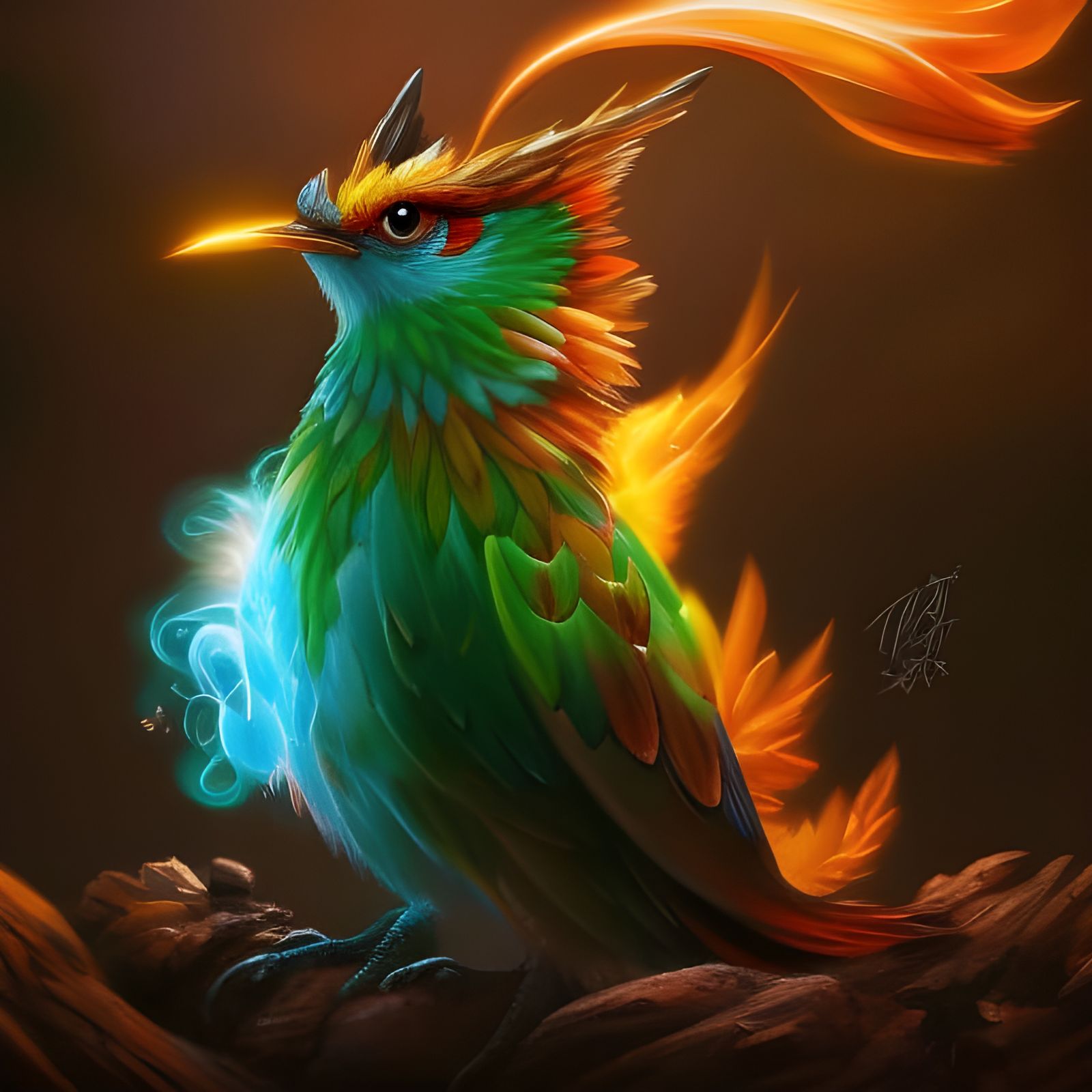 Rainbow Feathered Baby Phoenix: Art Nouveau 3D Render