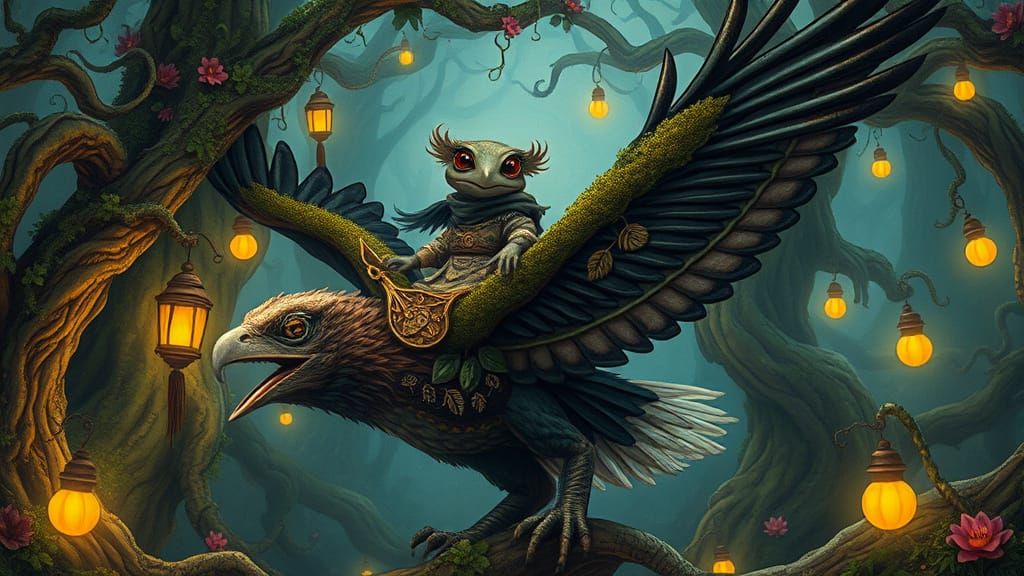 Frog-Raven Hybrid Rides Eagle Bird in Enchanted Forest