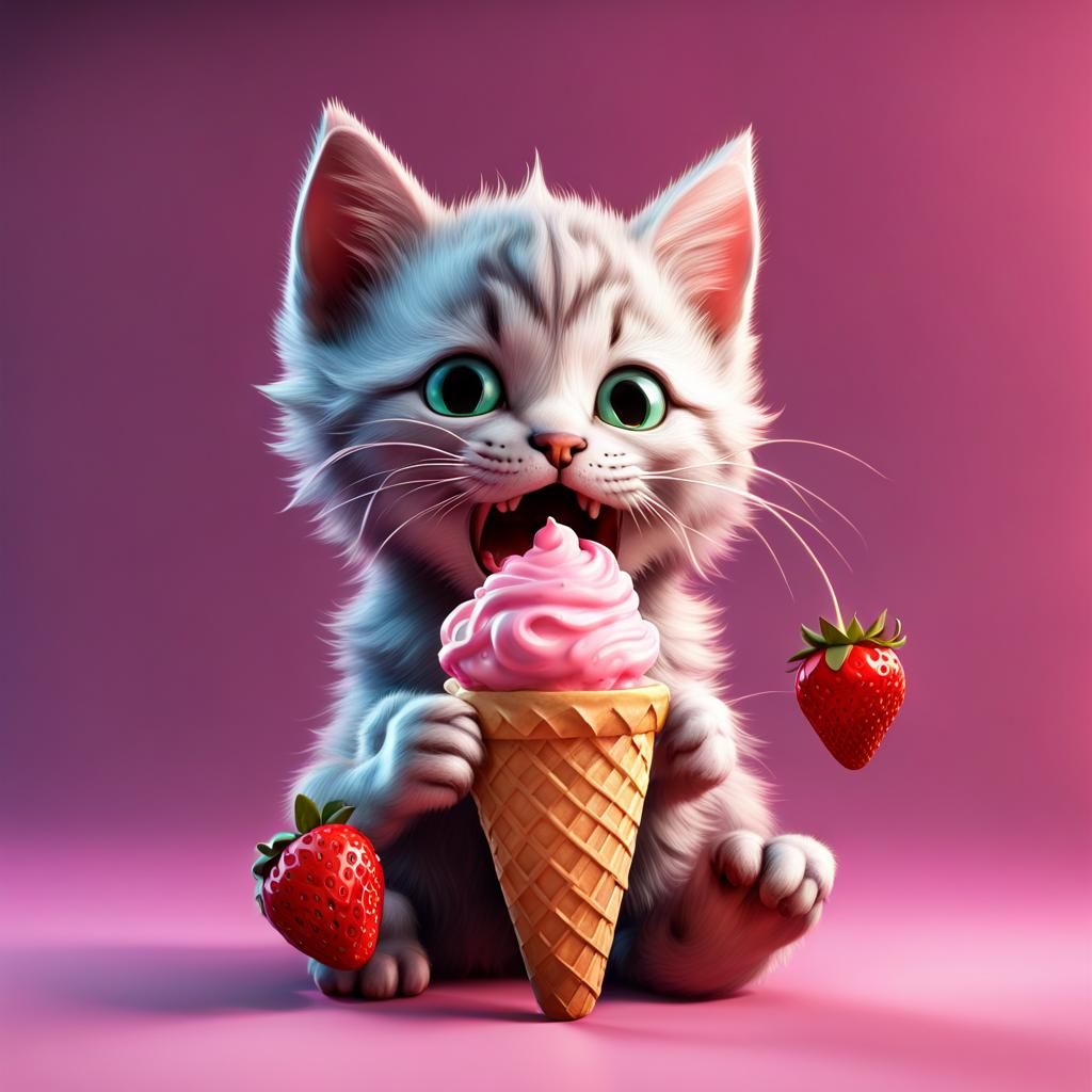 3D Kitten Licking Strawberry Ice Cream Cone