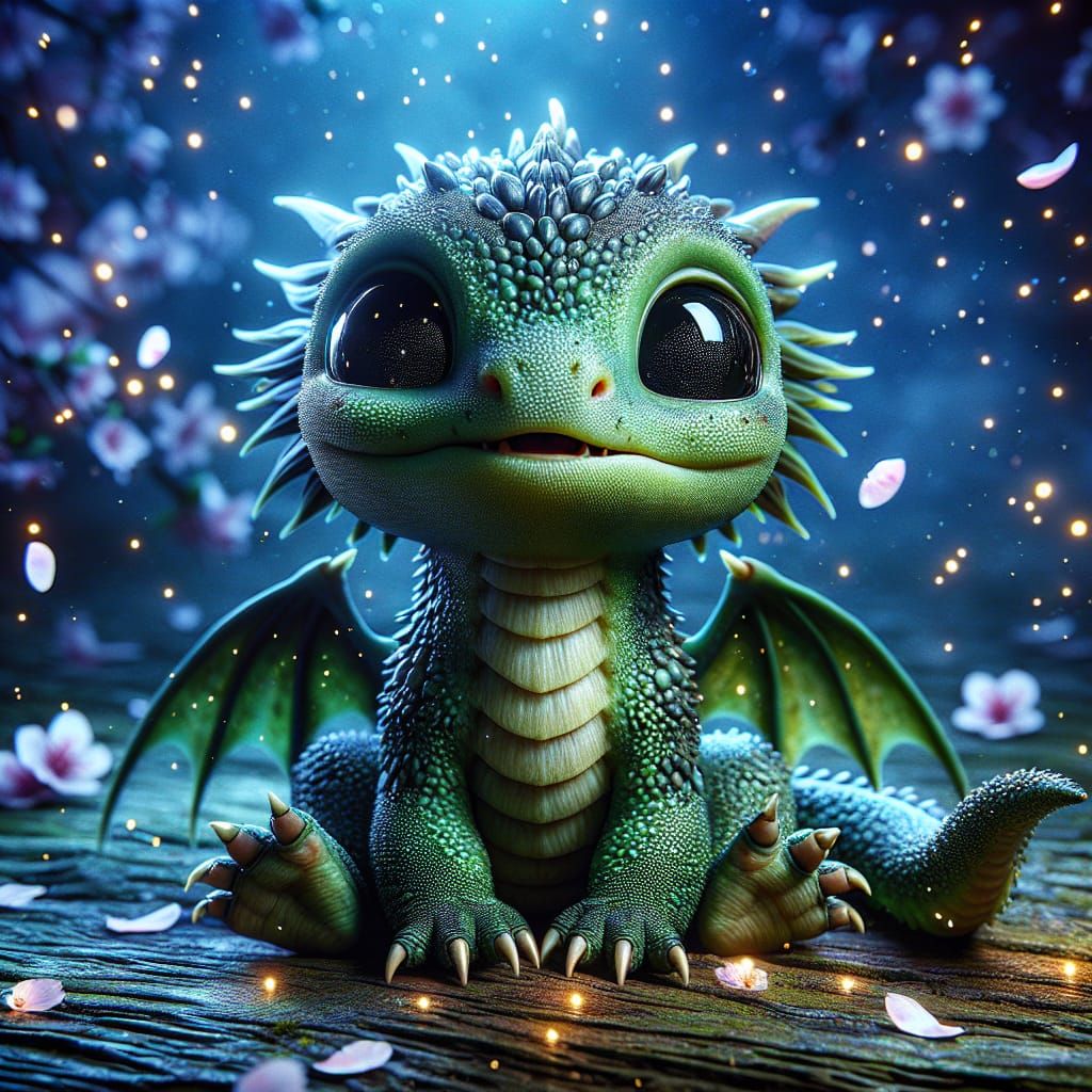 Gleeful Baby Green Dragon in Shimmering Blue Ambiance