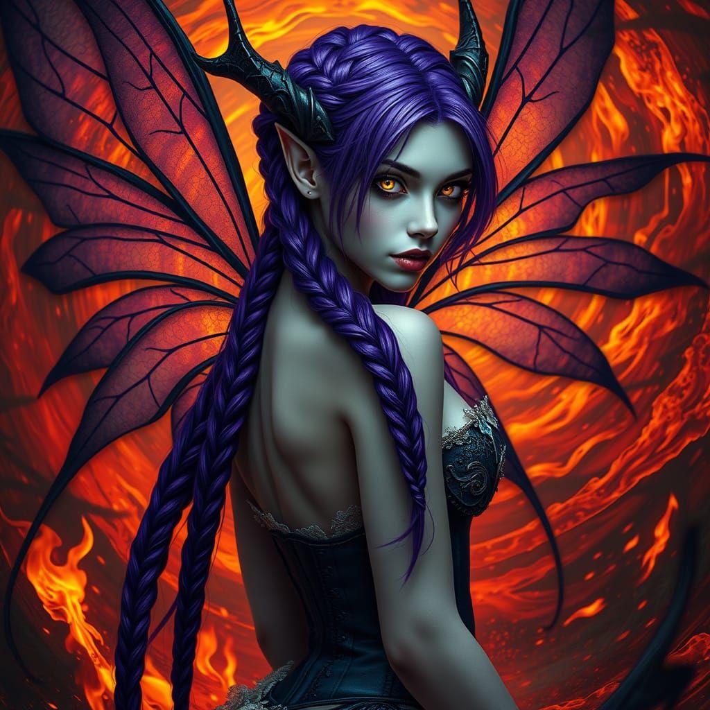 Ethereal Demonic Fairy in Fiery Hellscape with Softly Glowin...