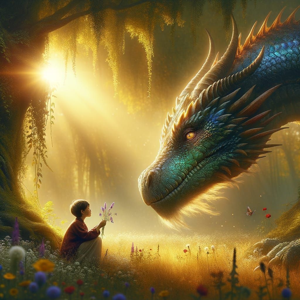 A majestic, ancient dragon carefully lowers its head to allo...