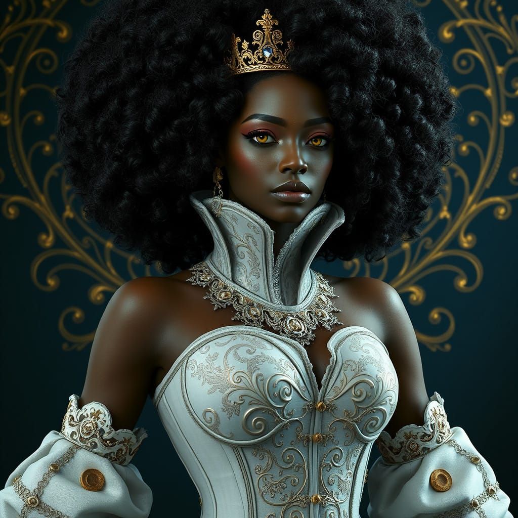 Regal Black Queen in Ornate Corset, Afro Hair, and Mystical....