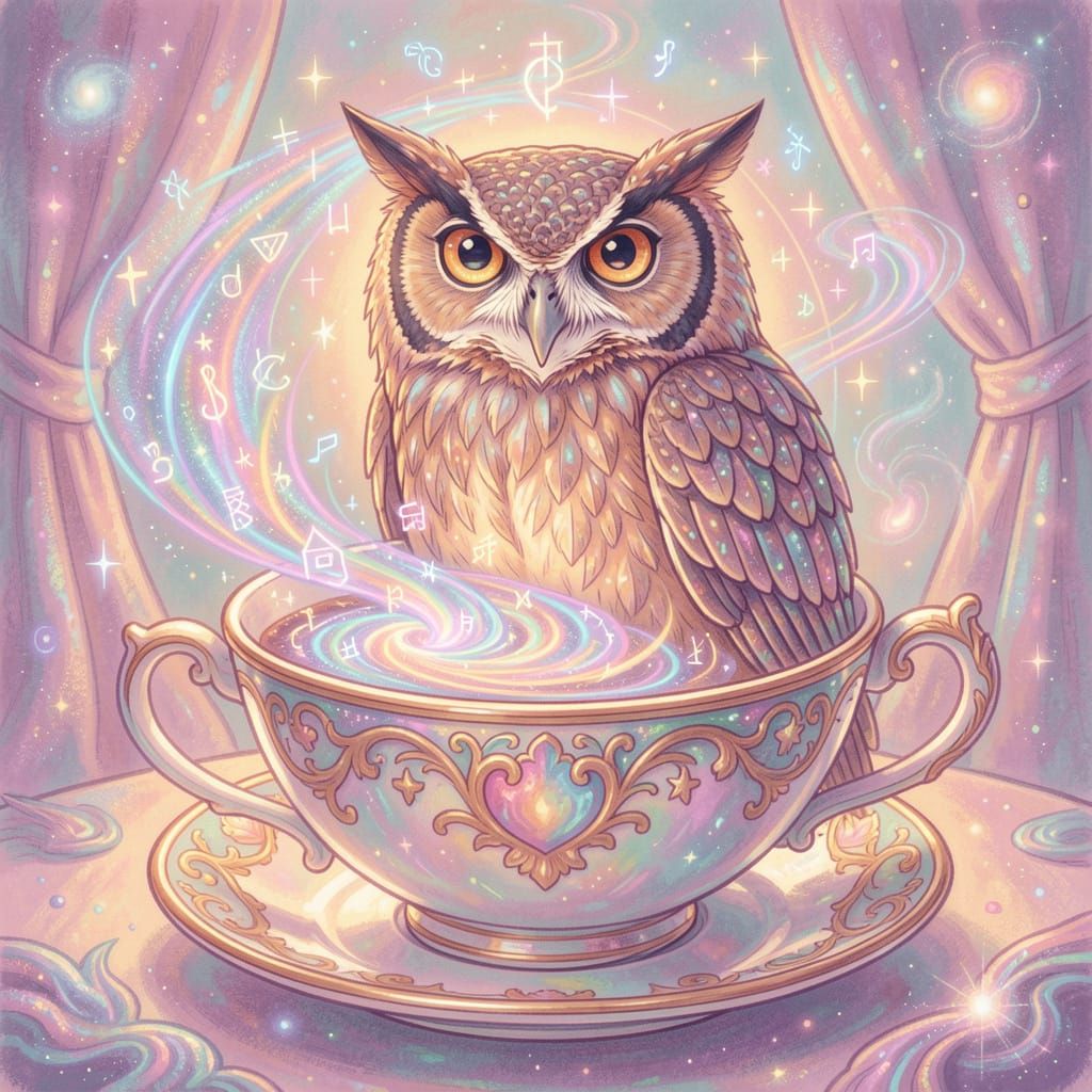 Wise Owl in Teacup of Knowledge, Whimsical Art Style