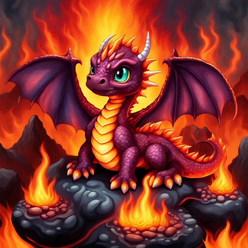 Chibi Fire Dragon in Lava River: Airbrush Art