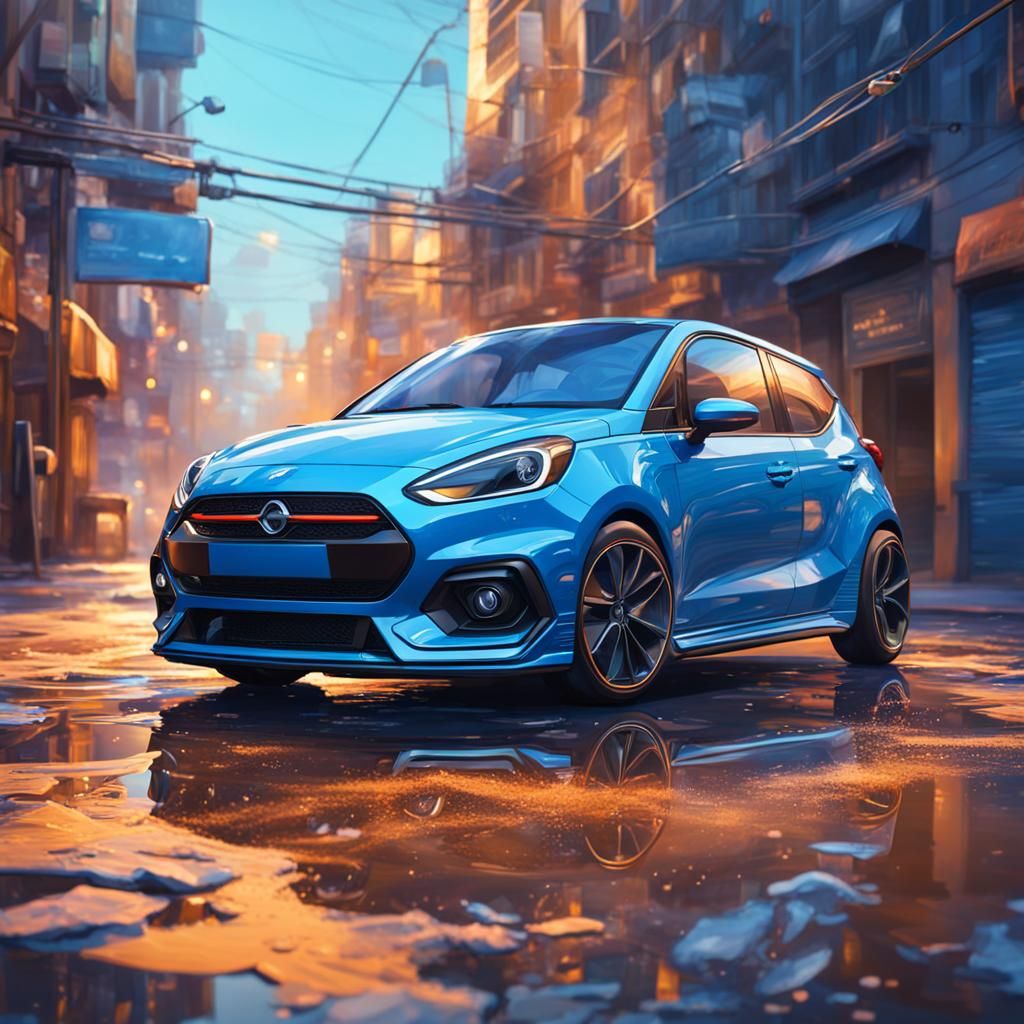 Modern Blue Hatchback in Hyperrealistic Splash Art
