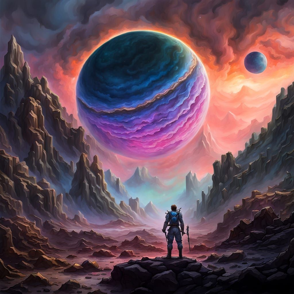 Alien Roger on Rocky Planet with Two Moons