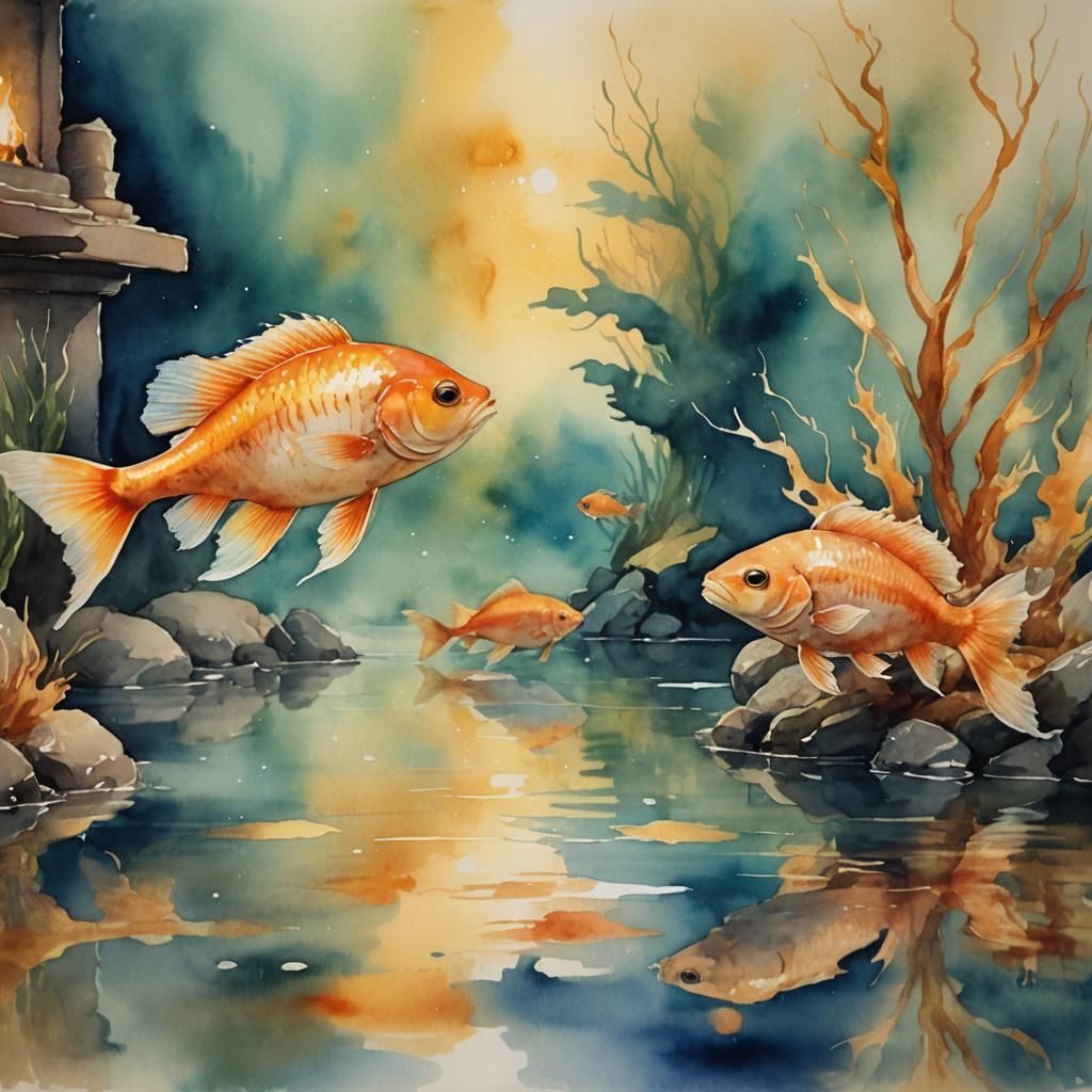 Glowing Fish in Aquarium: Watercolor Painting