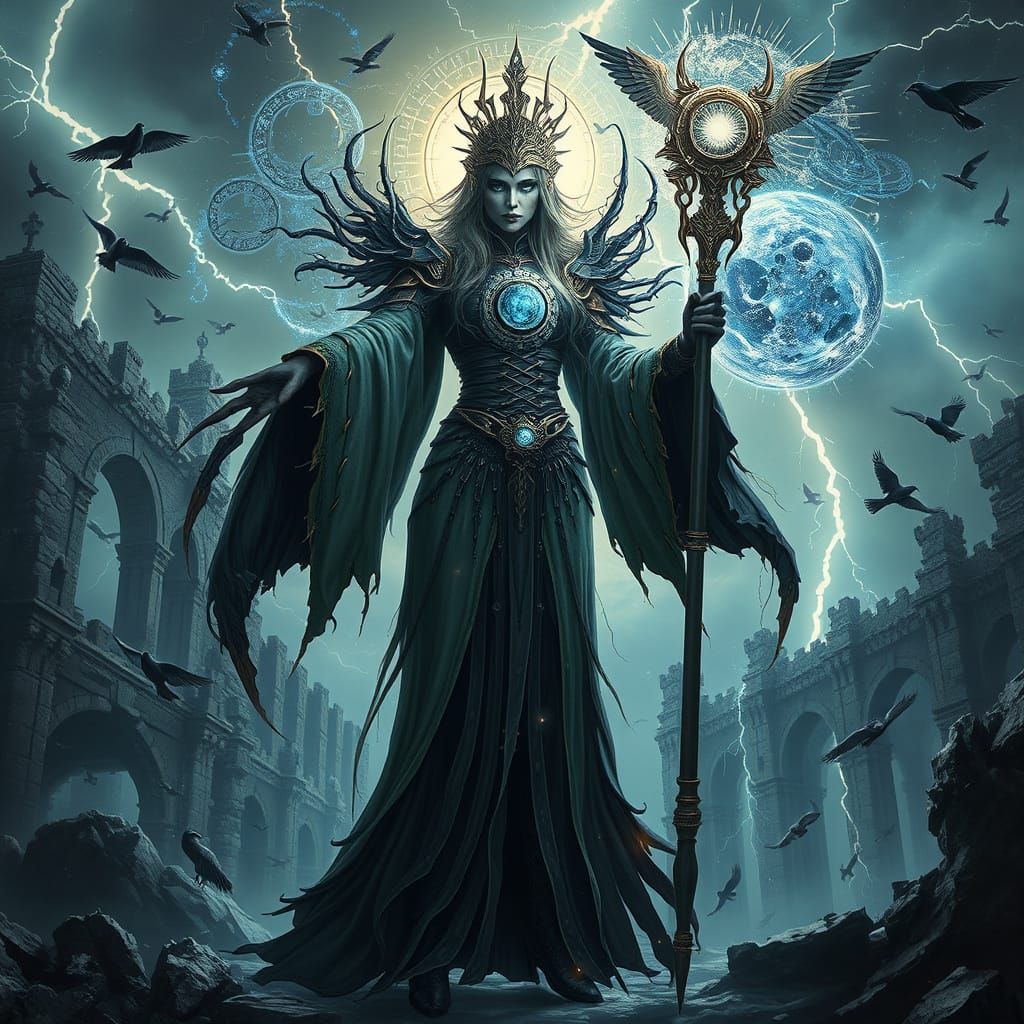 Ethereal Sorceress Unleashes Time Magic in a Cyberpunk Realm