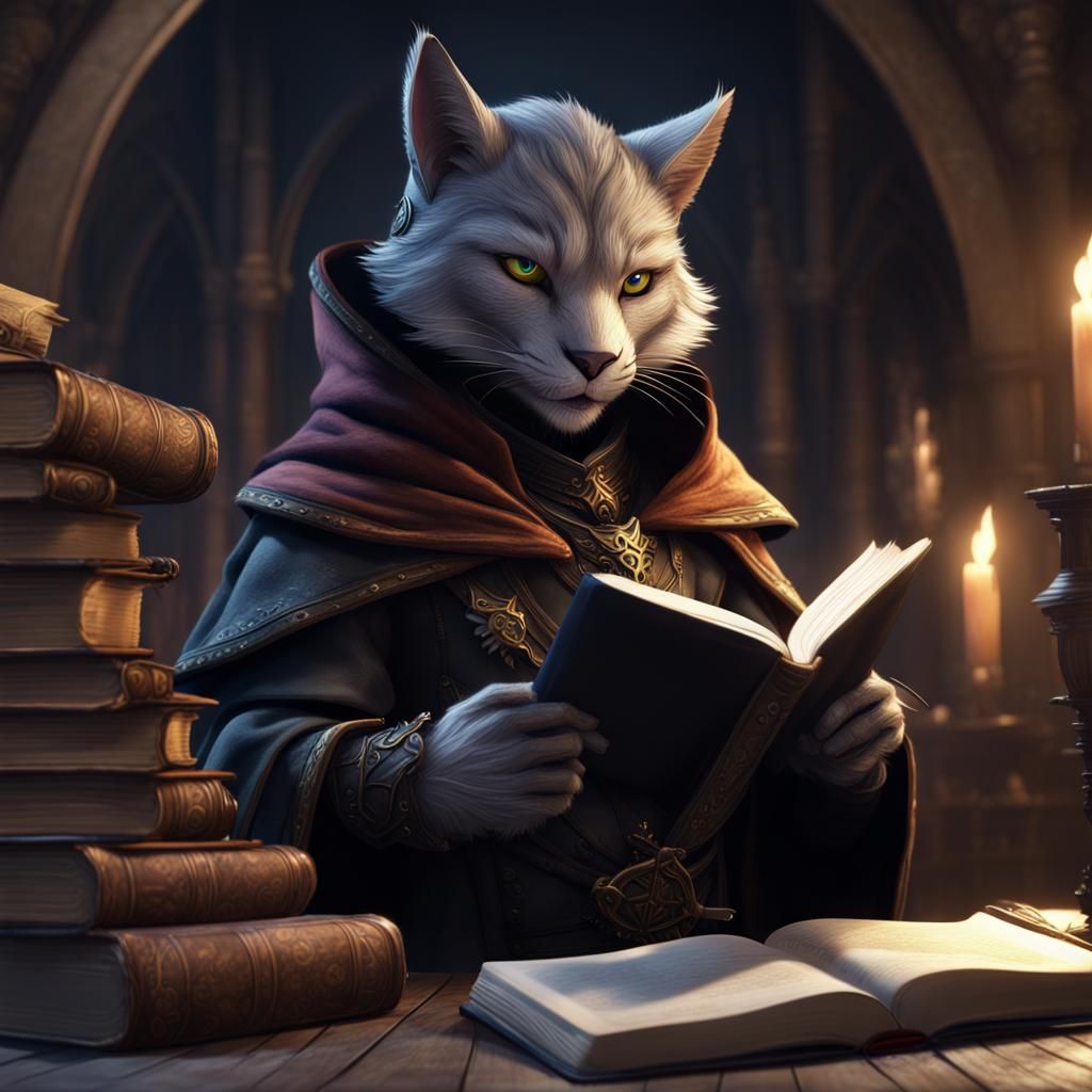 Hooded Tabaxi Bard Writing in Book: Fantasy Art