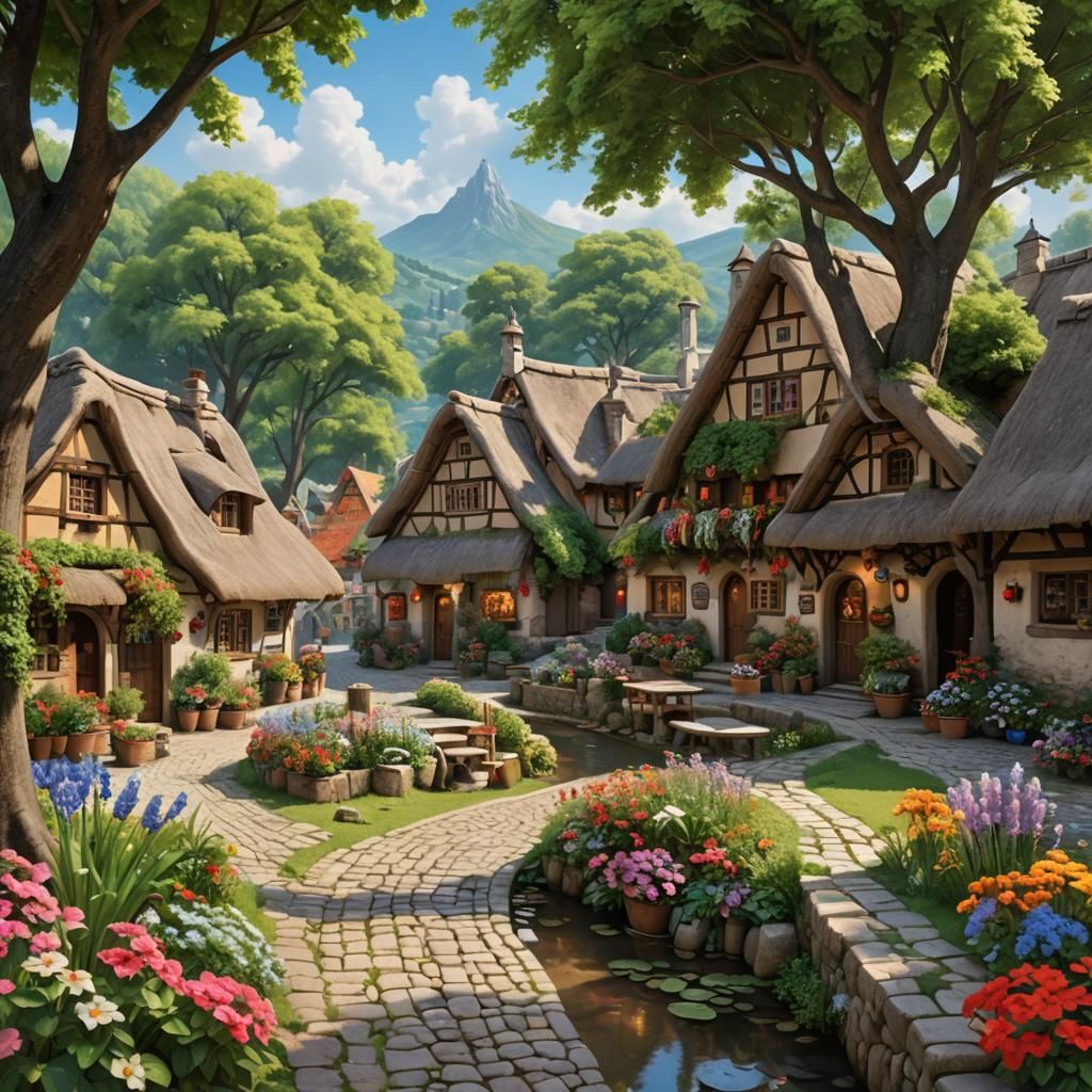 Picturesque Dream Village with Golden Sunset Light