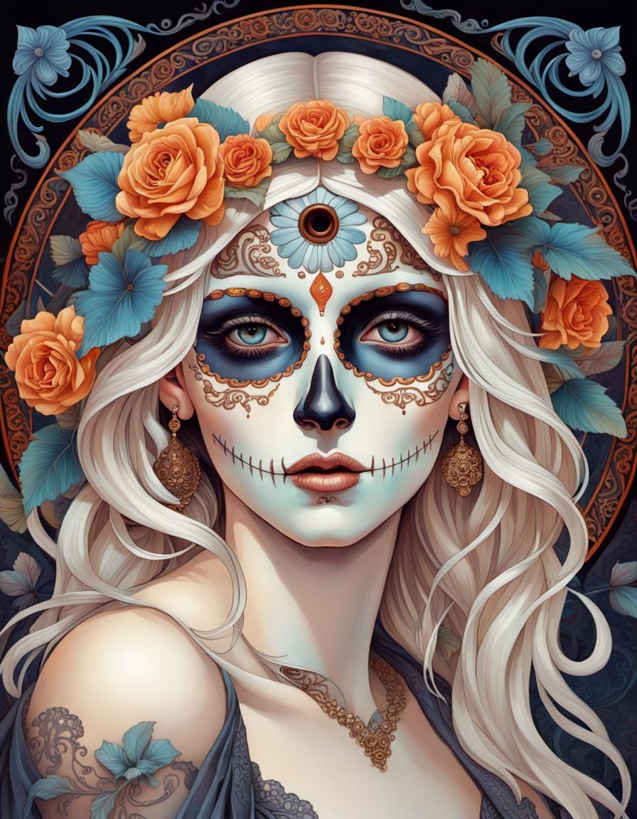 Los Muertos with Celestial Elegance in Art Nouveau Style
